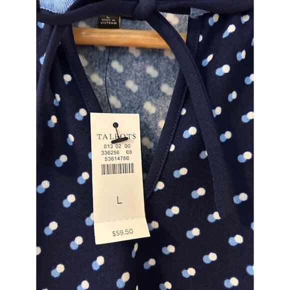 TALBOTS Navy Polka Dot Pleated Tie Neck Long Sleeve Blouse Business Large NWT - Picture 9 of 9